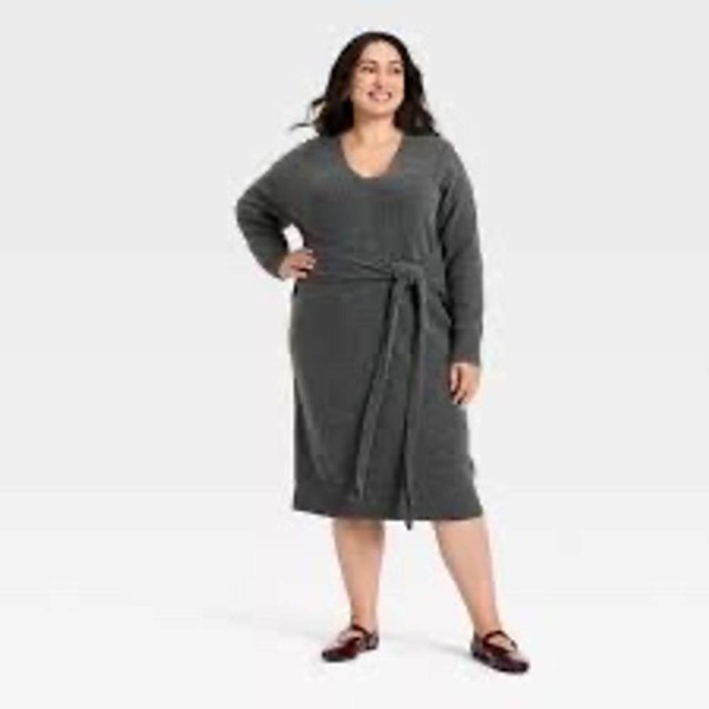 Ava & Viv Womens 3X‎ Charcoal Heather Gray V-Neck Belted Knit Sweater Dress NWT